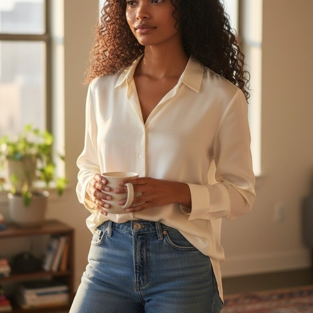 Equipment Off White Silk Collared Button-Up Long Sleeve Blouse M